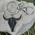 Western bull head keychain with black leather inlay and iridescent rhinestones on stone - Black Crocodile Print