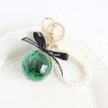 Preserved green rose keychain with white imitation pearls and black Just for you ribbon - Dark Green