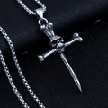 Retro stainless steel necklace with skull and crossbones pendant on black leather - Skull Crossbones + Steel Chain