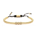 Braided black cord bracelet with three gold pavé zircon beads and adjustable clasp - 3 Pieces 6MM Zirconia Balls