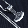 Silver Thor's Hammer pendant necklace with intricate Nordic carvings and snake chain - Axe Skull + Steel Chain