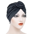Women's black pleated donut turban with spiral knot in elastic knit fabric - Black