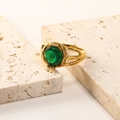 18K gold plated titanium ring with vintage hollow design and round green zircon stone - US 6 / Gold Green Zirconia