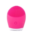 Detailed close-up of a pink silicone facial cleanser with soft massage bristles and power button - Red