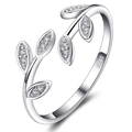 Anillo abierto de hoja de olivo en plata S925 con circonitas blancas brillantes - Abierto Ajustable / Oro Blanco