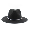 Detail of black straw fedora featuring a blue and white twisted rope and silver charm - M (56-58cm) / Black