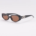 Fashionable black cat-eye sunglasses with silver hexagonal crystal metal hardware on temple - Black Frame Brown Lens