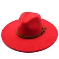 Detailed texture of red wool felt hat with brown leather band and metallic buckle - Adult 57-59cm / Red