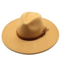 Classic wide brim camel wool fedora hat with a stylish brown leather decorative band - Adult 57-59cm / Camel