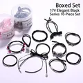 Black hair tie set with faux pearls and bows in a clear storage bottle, 10 pieces - 43# Elegant Black 10-piece Set