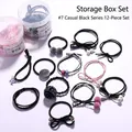 Black hair elastic set with 12 pieces including pearls and bows in storage jar - 36# Chic Black 12-piece Set