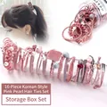 Pink 16-piece hair tie set with pearls and bows, including a clear storage jar - 11# Ball Ball Korean Pink 16-piece Set