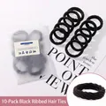 Set of 10 black high-elasticity ribbed hair ties in a frosted zipper bag package - 26# Ribbed Black 10 Pieces - Bagged