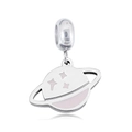 Polished silver planet charm with pink enamel inlay and stars for DIY bracelets - Planet Pink