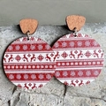 Boucles d'oreilles rondes en bois de Noël avec rennes rouges et motifs de flocons blancs - Rouge Blanc Renne Flocon de Neige
