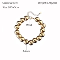 Polished 14mm gold stainless steel bead bracelet with adjustable extension chain - Gold (YB-987G-14mm)