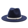 Detail of navy blue felt fedora featuring a light-colored band with an oval metal buckle - M (56-58cm) / Navy Blue