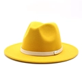 Detail of yellow wool fedora hat featuring a white leather band and silver metal logo - M (56-58cm) / Yellow