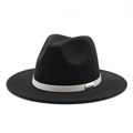 Close-up of the grey decorative band and oval metal logo on a black wool fedora hat - M (56-58cm) / Black