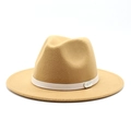 Detail of camel fedora hat featuring white leather band and silver metal buckle - M (56-58cm) / Camel