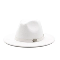 Classic white wool wide brim fedora hat with a leather strap and silver metal plate detail - M (56-58cm) / White
