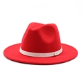 Detail of red wool fedora hat featuring a white leather band and oval metal emblem - M (56-58cm) / Red