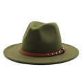 Close-up of olive green wool fedora hat featuring brown leather band with gold rivets - M (56-58cm) / Army Green