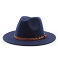 Detail of dark blue wool fedora hat featuring a brown leather strap with gold studs - M (56-58cm) / Navy Blue