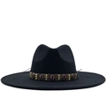 Chapeau jazz en laine noire à large bord avec bande ethnique et accents vintage en métal - M (56-58cm) / Noir Pur