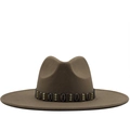 Classic brown wool fedora with bohemian studded leather band and wide brim design - M (56-58cm) / Dark Khaki