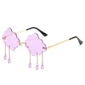 Stylish gold-rimmed sunglasses featuring purple cloud-shaped lenses and crystal droplets - Gold Frame Purple Lens