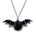 Detail of bat pendant with black water drop gemstone and enamel wings on silver chain - Black