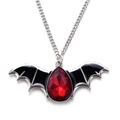 Silver bat pendant necklace with black enamel wings and teardrop red gemstone on O-chain - Red