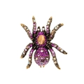 Detailed view of vintage gold spider brooch with amber cat eye stone and purple rhinestones - Rose Red