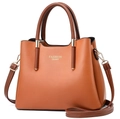 Litchi pattern faux leather handbag in caramel brown with gold Fashion Queen print - Earthy Yellow