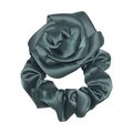 Elegant dark green satin rose flower scrunchie with a glossy silk texture hair tie - Dark Green