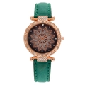 Montre à quartz en or rose avec bracelet en cuir vert et cadran à fleur tournante - Vert