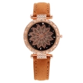 Women's starry watch featuring a brown leather strap and rose gold rhinestone floral dial - Brown