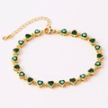 Adjustable golden link bracelet featuring green heart crystals and evil eye enamel charms - 18K Gold / Green