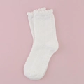 White crew socks with lace trim and vertical knit texture for a sweet summer style - Lace Ruffle Edge / White