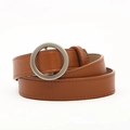 Minimalist brown leather belt for women featuring a round silver metal buckle detail - Round Buckle / Camel