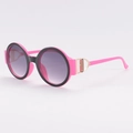 Pink and black round frame sunglasses with gradient lenses and gold metallic accents - Pink Frame Gradient Grey Lens
