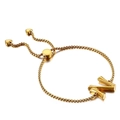 Gold stainless steel pearl link bracelet featuring letter N and heart charm sliders - Letter N (KB123981-KFC)