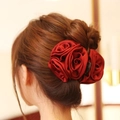 Elegant deep red rose hair clip on model featuring three 3D satin flower petals for women - Burgundy