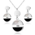 Conjunto de collar y pendientes minimalistas de nácar blanco y negro con cristal central - Plateado