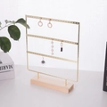 Three-tier gold metal earring organizer stand with natural pinewood base - Gold 66 Holes