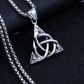 Silver stainless steel necklace featuring a Celtic knot triangle pendant on black leather - Triangle + Steel Chain