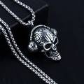 Vintage silver skull pendant necklace in stainless steel with textured box chain - Skull Headphones + Steel Chain