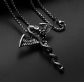 Retro titanium steel necklace featuring a dark winged caduceus pendant on a metal chain - Caduceus + Steel Chain