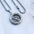 Silver steel wheel pendant necklace with star design on white feathers background - Tire Rim + Steel Chain